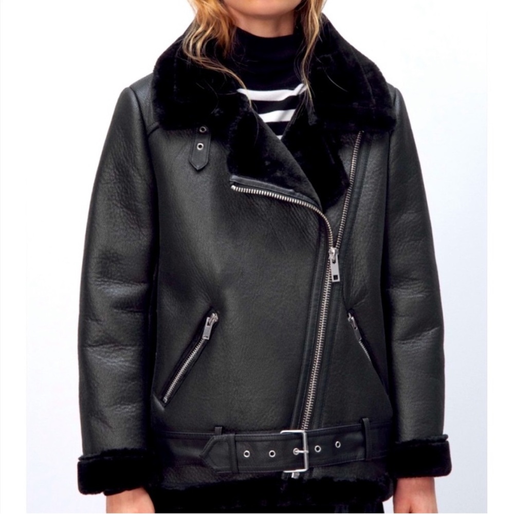 Zara Double Faced Black Faux Fur Moto Jacket